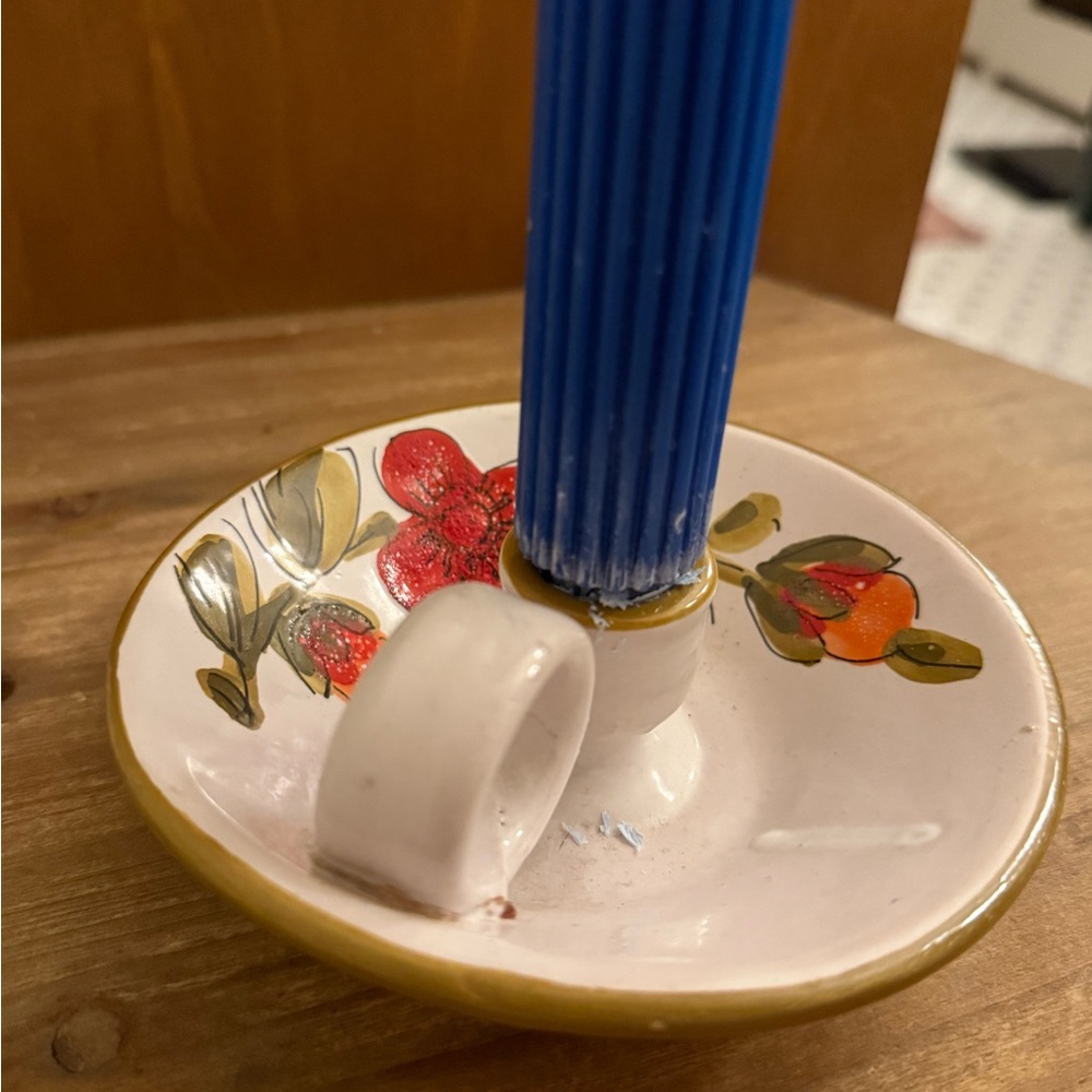 Italian Floral Ceramic Candle Holder with Blue Candle
